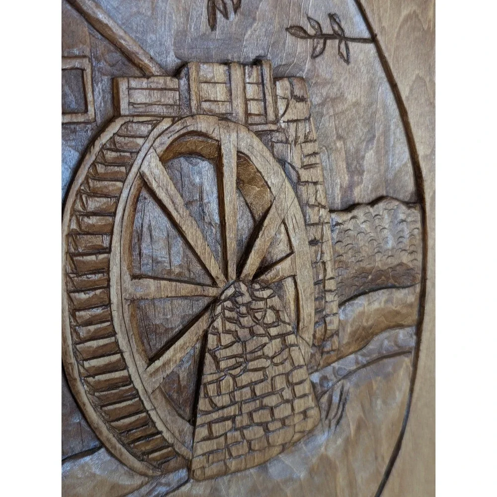 Vintage Hand Carved Wood Relief 3-D Wall Plaque Decor Water Mill Wheel Signed